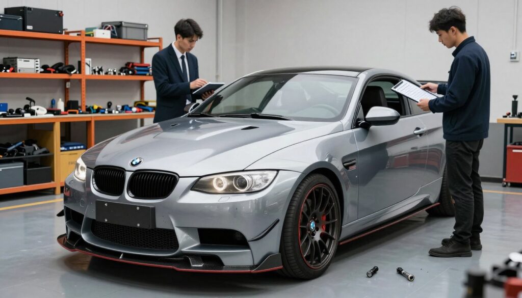 A sleek BMW E92 coupe positioned in a well-lit workshop, showcasing its body kit modifications. In the foreground, a detailed close-up of premium car parts, including an aggressive front bumper, side skirts, and rear spoiler, emphasizes the sporty aesthetics. The middle ground features the car being carefully inspected by two professionals in smart business attire, analyzing cost breakdown charts on a tablet. The background includes shelves filled with automotive tools and equipment, bathed in soft, ambient lighting to create an organized and focused atmosphere. This scene captures the essence of modification costs with a sense of professionalism and excitement, illustrating the step-by-step approach to enhancing the vehicle's style. A sleek BMW E92 coupe positioned in a well-lit workshop, showcasing its body kit modifications. In the foreground, a detailed close-up of premium car parts, including an aggressive front bumper, side skirts, and rear spoiler, emphasizes the sporty aesthetics. The middle ground features the car being carefully inspected by two professionals in smart business attire, analyzing cost breakdown charts on a tablet. The background includes shelves filled with automotive tools and equipment, bathed in soft, ambient lighting to create an organized and focused atmosphere. This scene captures the essence of modification costs with a sense of professionalism and excitement, illustrating the step-by-step approach to enhancing the vehicle's style.