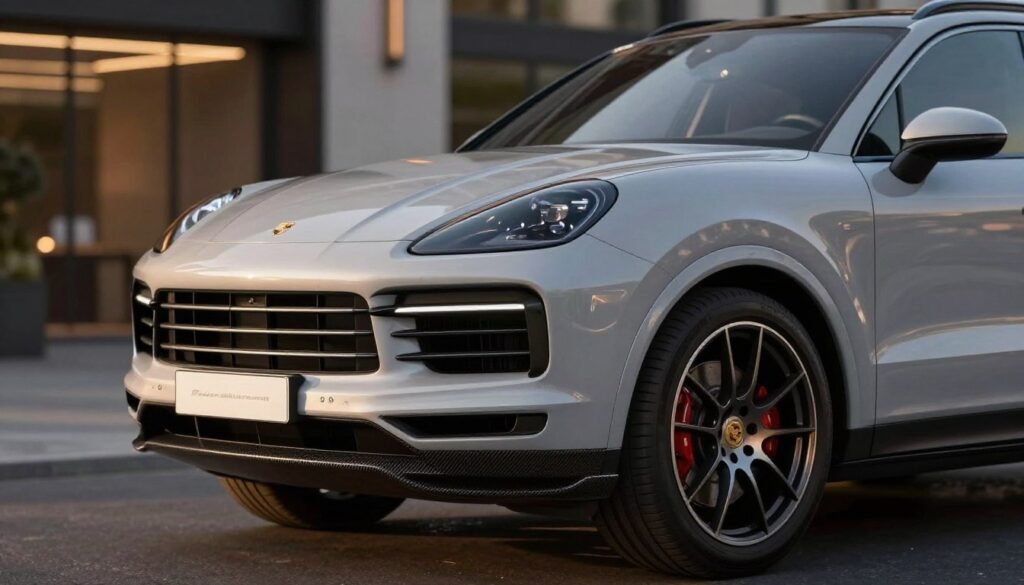 A sleek Porsche Cayenne with a premium body kit, showcasing elegant aerodynamic enhancements. The image focuses on the car's front profile, highlighting its refined lines and unique textural details, such as carbon fiber and metallic accents. In the foreground, a reflective surface mirrors the vehicle, emphasizing its luxurious finish. The background features a sophisticated urban environment with soft bokeh lights, creating a modern ambiance. The scene is illuminated by warm sunset lighting, casting soft shadows and enhancing the car’s contours. Capture the essence of high-end automotive design, conveying both elegance and performance in this upscale SUV. A sleek Porsche Cayenne with a premium body kit, showcasing elegant aerodynamic enhancements. The image focuses on the car's front profile, highlighting its refined lines and unique textural details, such as carbon fiber and metallic accents. In the foreground, a reflective surface mirrors the vehicle, emphasizing its luxurious finish. The background features a sophisticated urban environment with soft bokeh lights, creating a modern ambiance. The scene is illuminated by warm sunset lighting, casting soft shadows and enhancing the car’s contours. Capture the essence of high-end automotive design, conveying both elegance and performance in this upscale SUV.