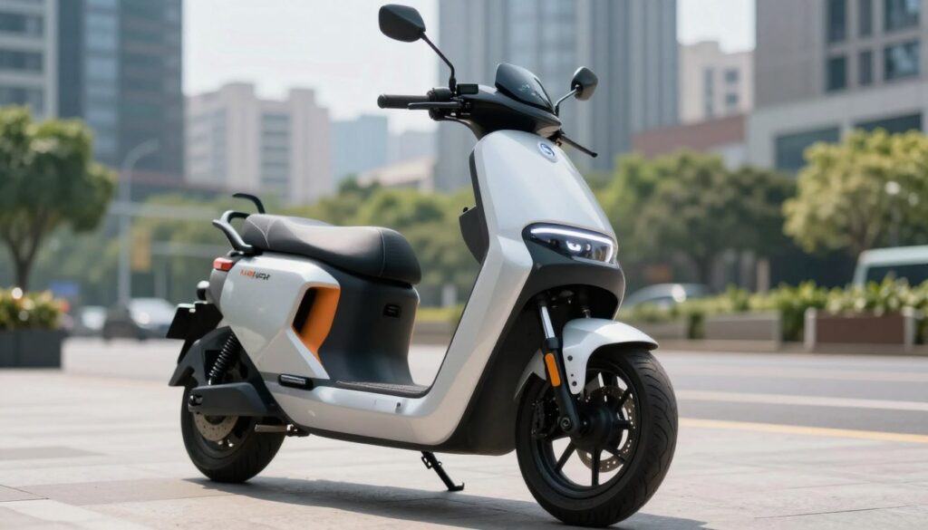 A sleek and modern electric motorcycle parked in an urban setting, showcasing its futuristic design and eco-friendly features. The foreground focuses on the motorcycle, highlighting its smooth lines, vibrant colors, and LED lights that emit a soft glow. The middle ground features a clear, sunny day with a blurred cityscape in the background, capturing tall buildings and greenery to underline a clean environment. The lighting is bright, emphasizing the polished surface of the bike and casting gentle shadows. The atmosphere conveys innovation and sustainability, appealing to a progressive audience interested in alternative transportation solutions. The image is captured at a slightly low angle to enhance the motorcycle's prominence while maintaining a professional tone.