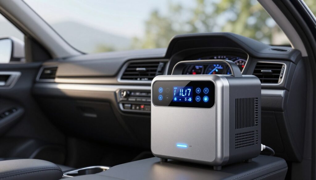 A sleek, modern ozone generator designed for car air conditioning, placed prominently in the foreground. The device features a metallic finish with illuminated indicators and a digital display showing its settings. In the middle ground, a clean, well-maintained vehicle interior is visible, showcasing the dashboard and air vents, indicating where the ozone generator would be used. The background includes a slightly blurred car exterior, hinting at a sunny day outside. Soft, natural light filters through the car windows, creating a professional and inviting atmosphere. The overall mood is informative and practical, emphasizing the importance of choosing the right ozone generator for effective and safe car ozone treatment.