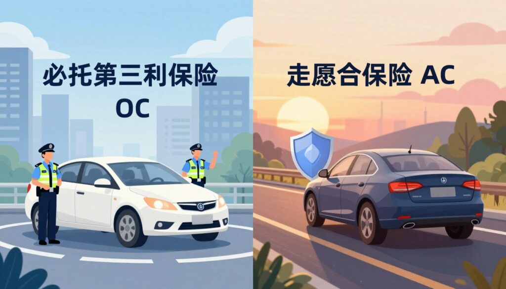 A split-screen illustration depicting the key differences between mandatory motor third-party liability insurance (OC) and voluntary comprehensive insurance (AC) for vehicles. On the left side, showcase a serene cityscape with a parked car under bright daylight, symbolizing security and peace of mind, emphasizing OC with visuals of law enforcement and responsible driving. On the right, present a car in motion on a scenic highway during sunset, suggesting freedom and comprehensive coverage, with elements like a protective shield or safety icons around the car. The mood should contrast the stability of OC with the empowerment offered by AC. Utilize a soft focus for the background, while keeping the vehicles sharp and clear, illuminated by warm and inviting lighting. A split-screen illustration depicting the key differences between mandatory motor third-party liability insurance (OC) and voluntary comprehensive insurance (AC) for vehicles. On the left side, showcase a serene cityscape with a parked car under bright daylight, symbolizing security and peace of mind, emphasizing OC with visuals of law enforcement and responsible driving. On the right, present a car in motion on a scenic highway during sunset, suggesting freedom and comprehensive coverage, with elements like a protective shield or safety icons around the car. The mood should contrast the stability of OC with the empowerment offered by AC. Utilize a soft focus for the background, while keeping the vehicles sharp and clear, illuminated by warm and inviting lighting.