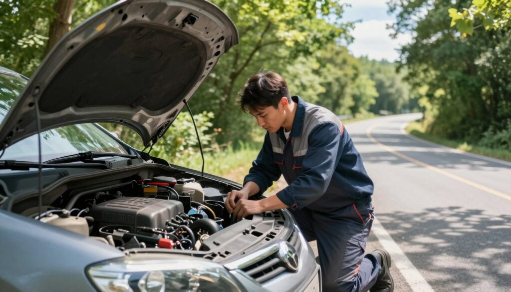 A stranded car on the side of a winding country road, with a mechanic inspecting the gear shift, embodying a sense of urgency. The foreground features tools scattered on the ground and a partially open hood, showing the engine. In the middle ground, the mechanic, dressed in a professional uniform, kneels beside the car, focused on troubleshooting the problem. The background reveals lush green trees and a clear blue sky, suggesting a bright day. Soft sunlight cascades through the leaves, creating dappled shadows on the asphalt. The mood is tense yet hopeful, capturing the essence of problem-solving on the road. The scene should feel realistic and relatable, conveying a common automotive challenge without distractions. A stranded car on the side of a winding country road, with a mechanic inspecting the gear shift, embodying a sense of urgency. The foreground features tools scattered on the ground and a partially open hood, showing the engine. In the middle ground, the mechanic, dressed in a professional uniform, kneels beside the car, focused on troubleshooting the problem. The background reveals lush green trees and a clear blue sky, suggesting a bright day. Soft sunlight cascades through the leaves, creating dappled shadows on the asphalt. The mood is tense yet hopeful, capturing the essence of problem-solving on the road. The scene should feel realistic and relatable, conveying a common automotive challenge without distractions.