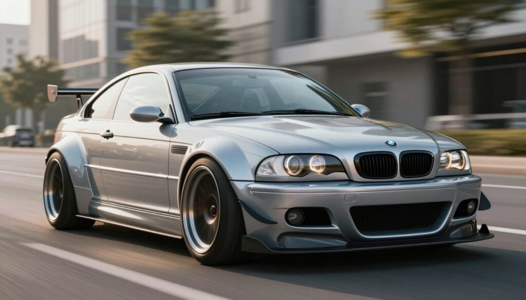 A striking E46 BMW featuring an aggressive wide body kit, showcasing its sporty transformation. In the foreground, focus on the luxurious curves and flared wheel arches that enhance its muscular stance. The car's glossy paint reflects sunlight, accentuating the sleek lines and aerodynamic elements, such as a prominent front splitter and dynamic side skirts. The background includes a blurred urban landscape, emphasizing speed and modernity. Utilize a low-angle shot to emphasize the car's powerful presence, with dramatic lighting highlighting its contours. The atmosphere conveys a sense of excitement and performance, perfectly capturing the essence of high-end automotive styling. No text, logos, or any other overlays present in the image. A striking E46 BMW featuring an aggressive wide body kit, showcasing its sporty transformation. In the foreground, focus on the luxurious curves and flared wheel arches that enhance its muscular stance. The car's glossy paint reflects sunlight, accentuating the sleek lines and aerodynamic elements, such as a prominent front splitter and dynamic side skirts. The background includes a blurred urban landscape, emphasizing speed and modernity. Utilize a low-angle shot to emphasize the car's powerful presence, with dramatic lighting highlighting its contours. The atmosphere conveys a sense of excitement and performance, perfectly capturing the essence of high-end automotive styling. No text, logos, or any other overlays present in the image.
