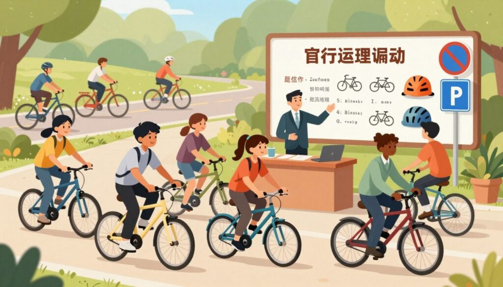 A structured illustration depicting the essential skills required for obtaining a bicycle license. In the foreground, a diverse group of young individuals, dressed in smart casual clothing, demonstrate key skills such as balancing on bicycles and following road signs. In the middle, a classroom setting shows an instructor explaining bicycle safety rules, with visuals of traffic signs and safety gear displayed. In the background, a soft focus of a sunny park with cyclists enjoying their ride, creating a sense of community and activity. The lighting is bright and inviting, with warm tones to evoke an uplifting atmosphere. The composition is framed with a slightly angled perspective to emphasize the engagement and interaction among the participants. A structured illustration depicting the essential skills required for obtaining a bicycle license. In the foreground, a diverse group of young individuals, dressed in smart casual clothing, demonstrate key skills such as balancing on bicycles and following road signs. In the middle, a classroom setting shows an instructor explaining bicycle safety rules, with visuals of traffic signs and safety gear displayed. In the background, a soft focus of a sunny park with cyclists enjoying their ride, creating a sense of community and activity. The lighting is bright and inviting, with warm tones to evoke an uplifting atmosphere. The composition is framed with a slightly angled perspective to emphasize the engagement and interaction among the participants.