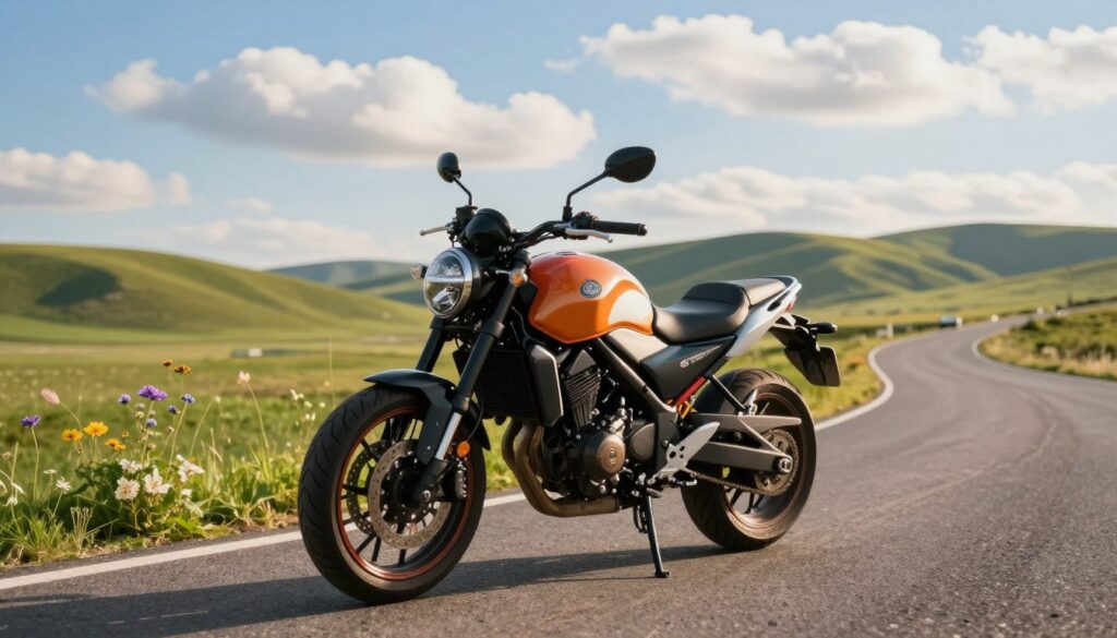 A stylish beginner motorcycle parked on a peaceful road surrounded by nature. In the foreground, the motorcycle, featuring a sleek design with vibrant colors and a comfortable seat, stands prominently. In the middle ground, soft green grass and a few wildflowers add a touch of charm, while a winding road invites exploration. The background showcases a serene landscape with gently rolling hills and a bright blue sky dotted with fluffy clouds. The lighting is warm and inviting, reminiscent of a late afternoon sun, casting gentle shadows. The atmosphere conveys adventure and safety, making it ideal for new riders. The image is captured from a slightly low angle, emphasizing the motorcycle's features while also including the beautiful surroundings. A stylish beginner motorcycle parked on a peaceful road surrounded by nature. In the foreground, the motorcycle, featuring a sleek design with vibrant colors and a comfortable seat, stands prominently. In the middle ground, soft green grass and a few wildflowers add a touch of charm, while a winding road invites exploration. The background showcases a serene landscape with gently rolling hills and a bright blue sky dotted with fluffy clouds. The lighting is warm and inviting, reminiscent of a late afternoon sun, casting gentle shadows. The atmosphere conveys adventure and safety, making it ideal for new riders. The image is captured from a slightly low angle, emphasizing the motorcycle's features while also including the beautiful surroundings.