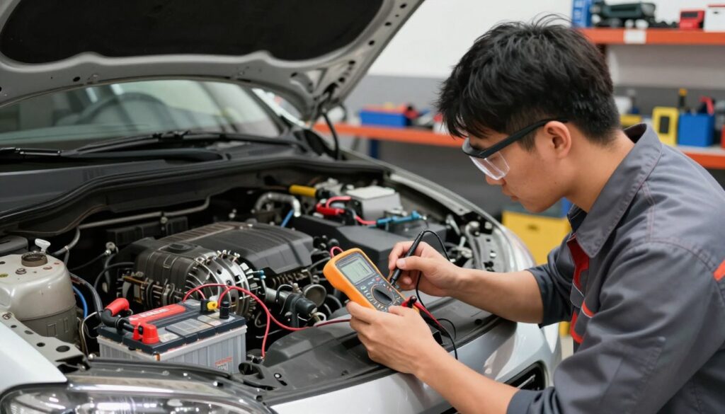 A technician in a well-lit garage setting, carefully measuring the voltage of a car battery using a digital multimeter. The foreground features the technician, dressed in a professional work shirt and safety goggles, focusing intently on the multimeter's display. In the middle ground, the car is lifted on a hydraulic jack with the hood open, showcasing the battery and alternator clearly. In the background, shelves are stocked with tools and accessories, providing a sense of a busy workspace. The lighting is bright and even, emphasizing the technical details of the equipment. The atmosphere is focused and industrious, illustrating the procedure for testing the battery voltage and evaluating alternator performance. A technician in a well-lit garage setting, carefully measuring the voltage of a car battery using a digital multimeter. The foreground features the technician, dressed in a professional work shirt and safety goggles, focusing intently on the multimeter's display. In the middle ground, the car is lifted on a hydraulic jack with the hood open, showcasing the battery and alternator clearly. In the background, shelves are stocked with tools and accessories, providing a sense of a busy workspace. The lighting is bright and even, emphasizing the technical details of the equipment. The atmosphere is focused and industrious, illustrating the procedure for testing the battery voltage and evaluating alternator performance.