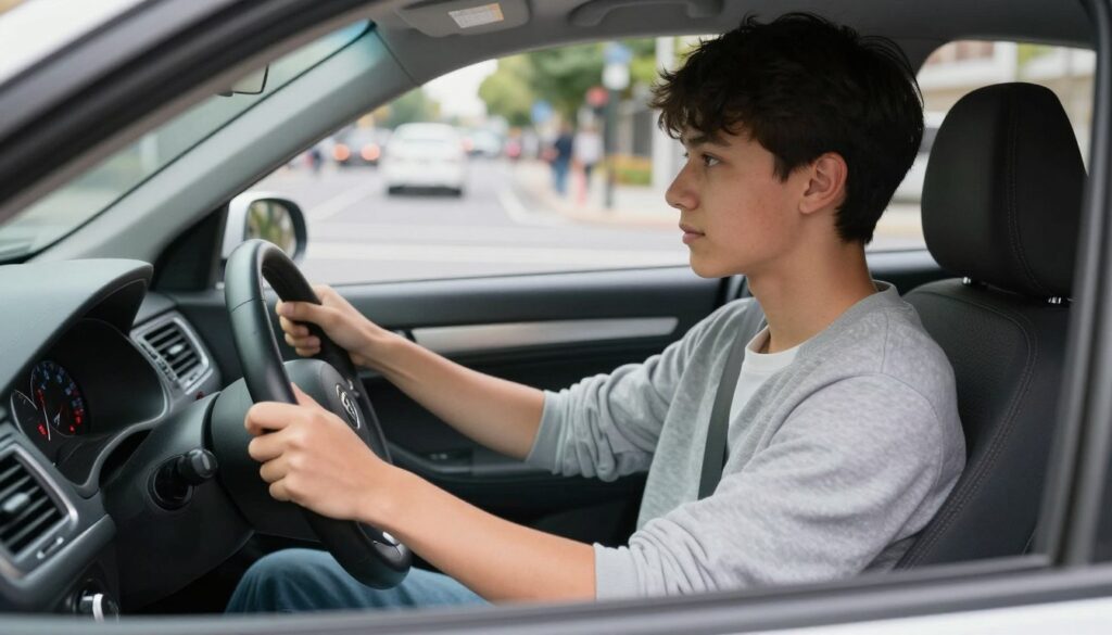 A teenage boy, aged 17, is sitting confidently behind the wheel of a modern car, focusing on the road ahead. He wears a casual yet neat outfit, embodying the responsibility that comes with learning to drive. In the foreground, the steering wheel is prominently displayed, with his hands gripping it firmly. The middle ground features the dashboard filled with essential controls and indicators, emphasizing the technical aspects of driving. The background reveals a busy city street, with blurred traffic and pedestrians, creating a sense of immediacy and activity. Soft, natural lighting filters through the car windows, highlighting the scene's warm and hopeful atmosphere, suitable for a young person on the cusp of independence. A teenage boy, aged 17, is sitting confidently behind the wheel of a modern car, focusing on the road ahead. He wears a casual yet neat outfit, embodying the responsibility that comes with learning to drive. In the foreground, the steering wheel is prominently displayed, with his hands gripping it firmly. The middle ground features the dashboard filled with essential controls and indicators, emphasizing the technical aspects of driving. The background reveals a busy city street, with blurred traffic and pedestrians, creating a sense of immediacy and activity. Soft, natural lighting filters through the car windows, highlighting the scene's warm and hopeful atmosphere, suitable for a young person on the cusp of independence.