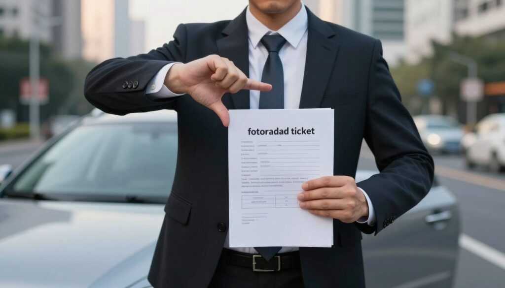 A thoughtful portrayal of a person in a business suit, standing confidently beside a car on a city street, holding a document labeled "fotoradar ticket" in one hand while gesturing with the other in a dismissive manner, symbolizing the act of refusing a traffic fine. The foreground features crisp details of the suit and the ticket, while the middle section shows the car with a blurred city skyline in the background, showcasing urban life. Soft afternoon lighting enhances the thoughtful expression on the person's face, conveying determination and assertiveness. The scene is framed from a slightly low angle to emphasize the person's posture and the importance of the moment, immersing viewers in the atmosphere of legal awareness and personal choice. A thoughtful portrayal of a person in a business suit, standing confidently beside a car on a city street, holding a document labeled "fotoradar ticket" in one hand while gesturing with the other in a dismissive manner, symbolizing the act of refusing a traffic fine. The foreground features crisp details of the suit and the ticket, while the middle section shows the car with a blurred city skyline in the background, showcasing urban life. Soft afternoon lighting enhances the thoughtful expression on the person's face, conveying determination and assertiveness. The scene is framed from a slightly low angle to emphasize the person's posture and the importance of the moment, immersing viewers in the atmosphere of legal awareness and personal choice.