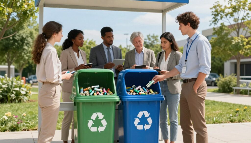 A vibrant and organized waste recycling station set in an outdoor municipal environment. In the foreground, a clearly labeled recycling bin for batteries, showcasing a distinctive design and overflowing with old batteries. The middle layer features a small group of diverse individuals in professional attire, engaging in discussions about recycling practices, while actively placing batteries into the bin. The background displays lush greenery and a bright blue sky, symbolizing a clean environment. Soft, natural daylight illuminates the scene, enhancing the colors and creating a positive, hopeful atmosphere. The composition includes a wide-angle view, capturing the community's commitment to responsible waste disposal and environmental awareness.