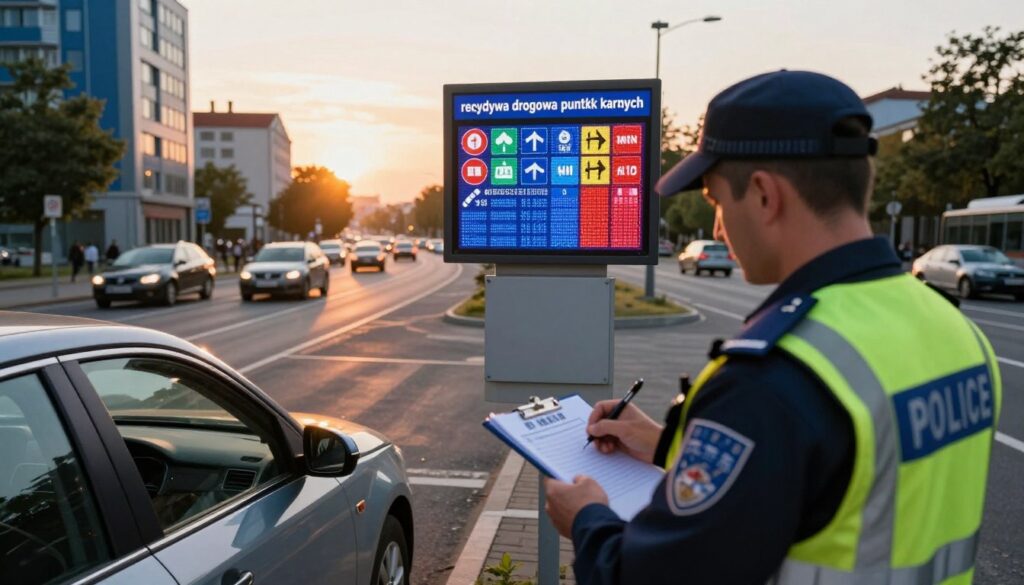 A vibrant urban scene depicting a road traffic violation scenario focused on the concept of "recydywa drogowa punktów karnych." In the foreground, show a police officer wearing a professional uniform, writing a citation on a notepad beside a parked car. In the middle ground, illustrate a digital display board showing colorful icons of traffic signs and a tally of penalty points, highlighting the seriousness of road infractions. The background should depict a city street with a blend of modern buildings and traffic, framed by a late afternoon sunset casting warm golden light. The atmosphere conveys a sense of urgency and awareness, emphasizing the importance of road safety and the consequences of repeat offenses. Use a slightly elevated angle for a comprehensive view of the scene.