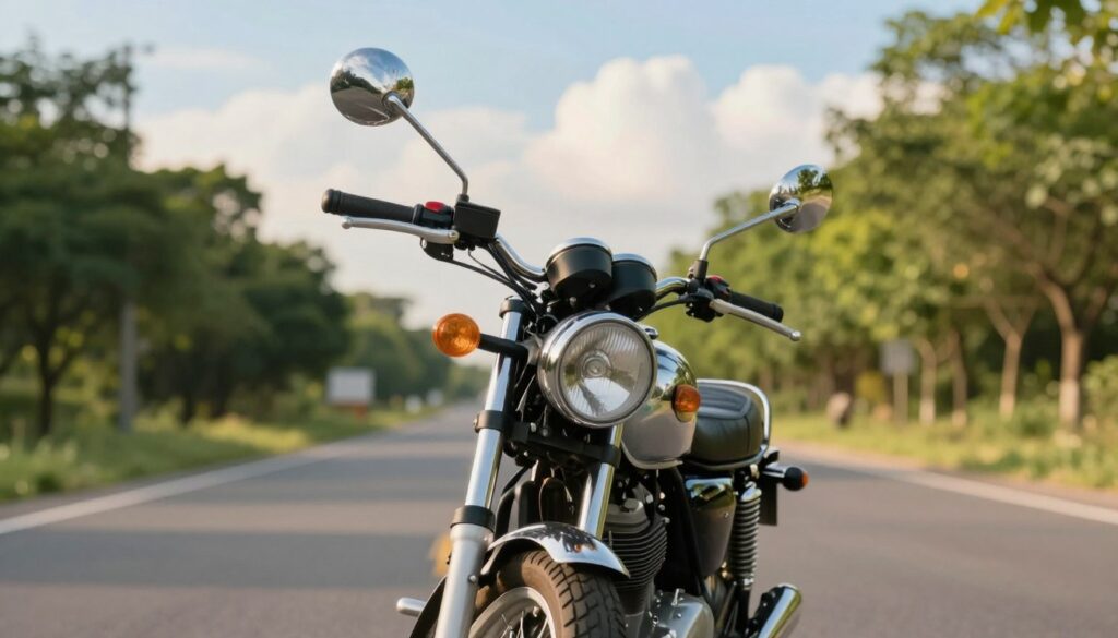 A vintage motorcycle in pristine condition, centered in the foreground, showcasing its shiny chrome handlebars and smooth, gleaming fuel tank. The model is a classic beginner-friendly design, with a low seat height, ideal for new riders. In the middle ground, a serene open road stretches out, flanked by lush green trees, suggesting a safe and pleasant environment for learning to ride. The background features a soft blue sky with fluffy white clouds, enhancing the inviting atmosphere. The scene is bathed in warm, golden hour sunlight, casting soft shadows that add depth. Use a shallow depth of field to keep the focus on the motorcycle while gently blurring the background. The mood is tranquil and inspiring, capturing the essence of a beginner's journey into motorcycling. A vintage motorcycle in pristine condition, centered in the foreground, showcasing its shiny chrome handlebars and smooth, gleaming fuel tank. The model is a classic beginner-friendly design, with a low seat height, ideal for new riders. In the middle ground, a serene open road stretches out, flanked by lush green trees, suggesting a safe and pleasant environment for learning to ride. The background features a soft blue sky with fluffy white clouds, enhancing the inviting atmosphere. The scene is bathed in warm, golden hour sunlight, casting soft shadows that add depth. Use a shallow depth of field to keep the focus on the motorcycle while gently blurring the background. The mood is tranquil and inspiring, capturing the essence of a beginner's journey into motorcycling.