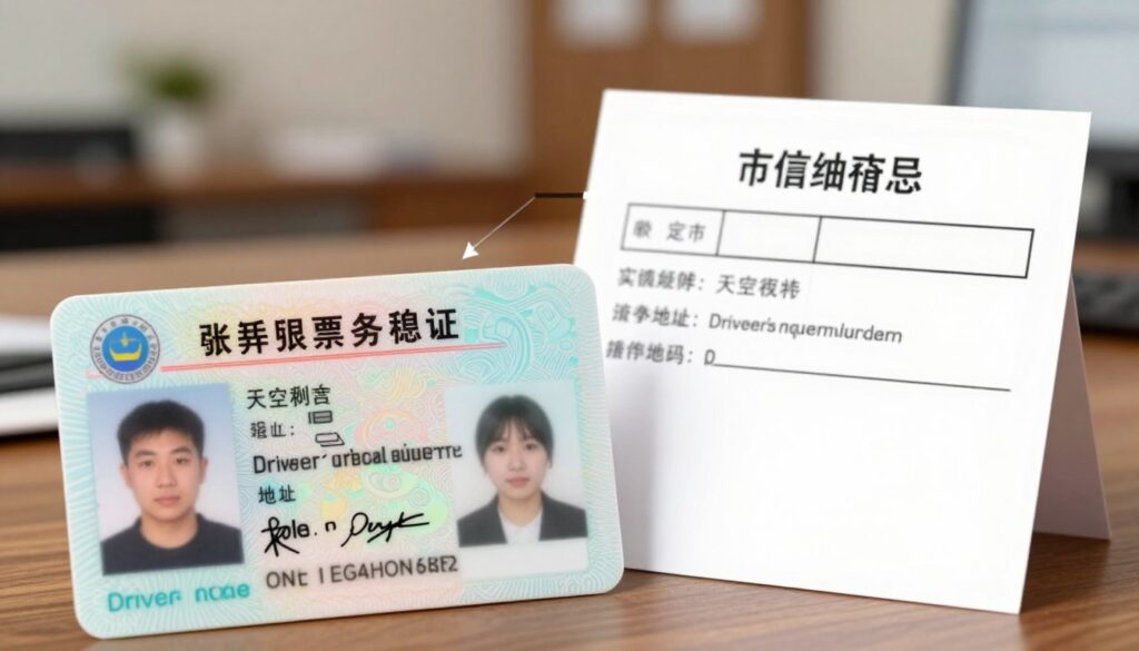 A visually informative illustration depicting the differences between a driver's license number and a document number on a blank paper. In the foreground, place a detailed close-up of a driver's license, highlighting its unique features such as the number, signature, photo, and hologram. Beside it, present a blank sheet of paper displaying a clear document number, positioned for easy comparison. In the middle ground, include subtle visual indicators like arrows or lines connecting similarities and differences without using text. The background should be softly blurred, suggesting a professional office environment with warm lighting, creating an educational and engaging atmosphere. Capture the details with a wide-angle lens perspective to ensure clarity and focus on the essential elements, conveying a sense of authority and professionalism. A visually informative illustration depicting the differences between a driver's license number and a document number on a blank paper. In the foreground, place a detailed close-up of a driver's license, highlighting its unique features such as the number, signature, photo, and hologram. Beside it, present a blank sheet of paper displaying a clear document number, positioned for easy comparison. In the middle ground, include subtle visual indicators like arrows or lines connecting similarities and differences without using text. The background should be softly blurred, suggesting a professional office environment with warm lighting, creating an educational and engaging atmosphere. Capture the details with a wide-angle lens perspective to ensure clarity and focus on the essential elements, conveying a sense of authority and professionalism.
