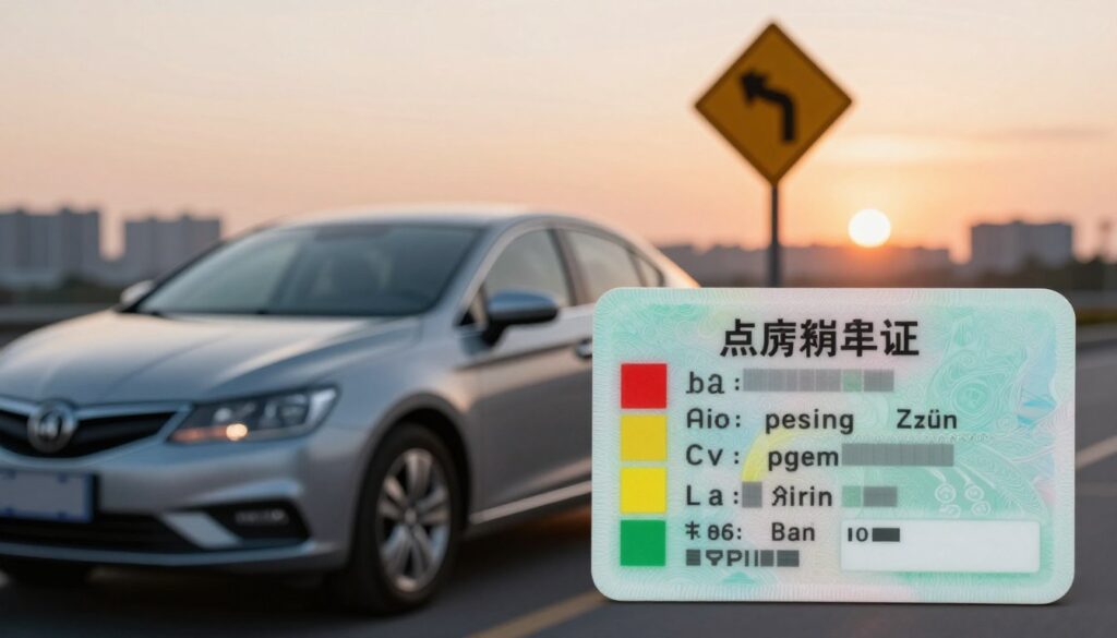 A visually striking image that represents the concept of "points penalties" in driving regulations. In the foreground, a close-up of a driver's license with a digital interface displaying various point statuses, such as red, yellow, and green indicators. The middle ground features a sleek, modern car parked beside a traffic sign indicating penalties. In the background, a blurred cityscape with a sunset sky casts a warm glow, implying the passage of time and vigilance. Soft lighting emphasizes the contrast between the license and the reflective car surface, while a shallow depth of field draws focus to the license information. The overall mood is serious yet informative, fitting for the subject of understanding driving points and regulations.