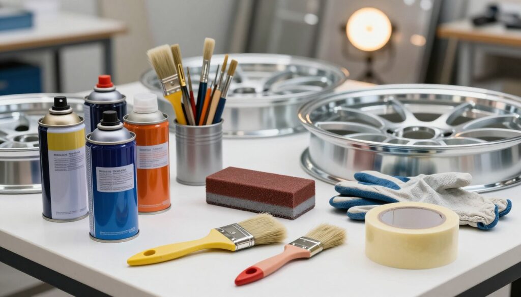 A well-arranged display of essential tools for painting steel rims, featuring a variety of items like brushes, spray paint cans, masking tape, and a sanding block laid out on a clean, white workbench. In the foreground, focus on high-quality paint cans with vibrant colors, next to a detailed brush and clean masking tape. The middle includes a sturdy sanding block and protective gloves, suggesting a preparatory stage. In the background, softly blurred industrial lighting gives a warm glow, creating a professional workshop atmosphere. The image should capture a sense of readiness and attention to detail, emphasizing the importance of preparation in the rim painting process.
