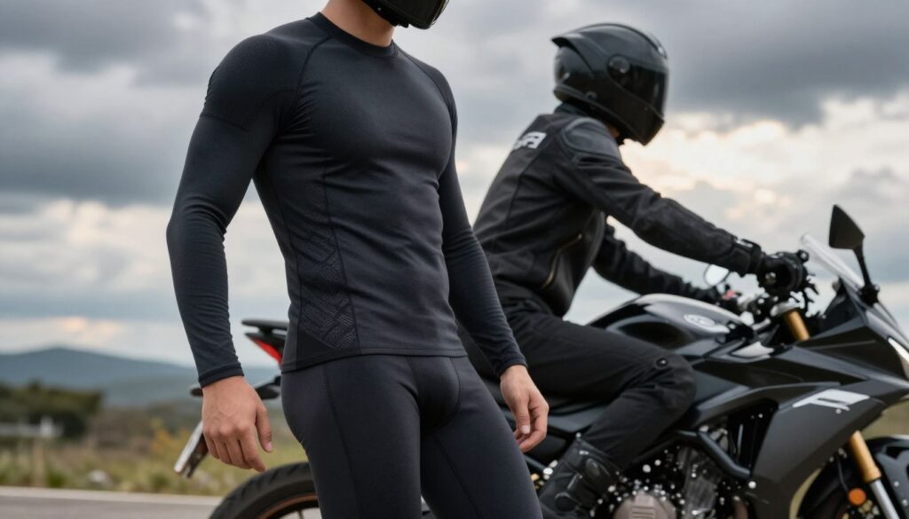 A well-fitted thermal base layer for motorcyclists, showcasing its sleek design and high-performance fabric. In the foreground, the garment features a blend of technical textiles, emphasizing moisture-wicking properties and thermal insulation, highlighted by subtle texture details. The middle ground features a rider in a safe, upright position, wearing this thermal layer under a motorcycle jacket, displaying a snug but comfortable fit while seated on a stylish, modern motorcycle. In the background, a scenic outdoor setting suggests variable weather, with dark clouds and hints of sunlight breaking through, creating a dynamic atmosphere. The lighting should be natural, simulating an overcast day, with a slightly dramatic focus on the clothing to emphasize functionality and comfort. The mood should convey readiness for adventure and protection against the elements.
