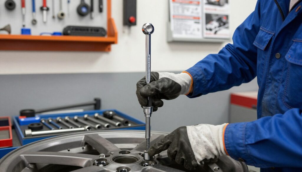 A well-lit automotive workshop scene focusing on the meticulous process of checking wheel bolts. In the foreground, a mechanic dressed in a blue uniform with gloves is using a torque wrench to measure the tightening of a wheel. The wrench is designed with a clear torque scale, highlighting the precision needed. In the middle ground, a set of neatly organized tools and spare parts are visible, adding context to the maintenance theme. The background reveals a wall of various automotive equipment and shelves holding maintenance manuals. Soft, diffused lighting illuminates the scene, creating a professional and focused atmosphere, emphasizing attention to detail and safety in vehicle maintenance.