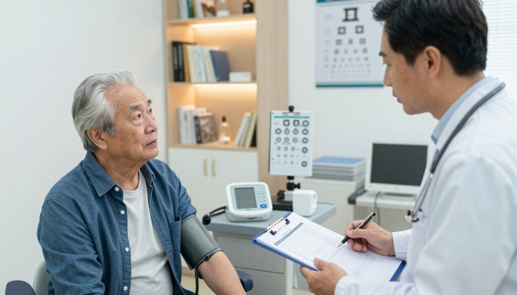 A well-lit medical examination room focused on a senior driver undergoing health checks. In the foreground, an elderly man, dressed in smart casual clothing, is conversing with a doctor in a white coat, both appearing engaged and serious. The doctor is holding a clipboard with medical forms. In the middle ground, various medical equipment such as a blood pressure monitor and an eye test chart is visible. The background features softly lit shelves filled with medical books and a poster illustrating vision tests. The atmosphere is informative and professional, conveying a sense of importance regarding health assessments for elderly drivers. The angle is slightly tilted from above to capture the interaction and surrounding details effectively. A well-lit medical examination room focused on a senior driver undergoing health checks. In the foreground, an elderly man, dressed in smart casual clothing, is conversing with a doctor in a white coat, both appearing engaged and serious. The doctor is holding a clipboard with medical forms. In the middle ground, various medical equipment such as a blood pressure monitor and an eye test chart is visible. The background features softly lit shelves filled with medical books and a poster illustrating vision tests. The atmosphere is informative and professional, conveying a sense of importance regarding health assessments for elderly drivers. The angle is slightly tilted from above to capture the interaction and surrounding details effectively.