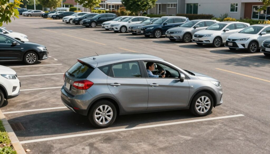 A well-lit parking lot scene during the day, focusing on a single parallel parking space. In the foreground, a compact car is positioned, angled slightly towards the curb, showcasing the proper alignment for parallel parking. The driver's side window is down, and a professional-looking individual in smart casual attire is visible, preparing to execute the maneuver. The middle ground features clear lane markings and surrounding parked cars, indicating the layout of the parking area. In the background, subtle elements like trees and smart city architecture provide context without distracting from the main scene. The atmosphere is relaxed and instructional, with bright daylight enhancing visibility, and a slightly elevated perspective to showcase the car's positioning relative to the curb. A well-lit parking lot scene during the day, focusing on a single parallel parking space. In the foreground, a compact car is positioned, angled slightly towards the curb, showcasing the proper alignment for parallel parking. The driver's side window is down, and a professional-looking individual in smart casual attire is visible, preparing to execute the maneuver. The middle ground features clear lane markings and surrounding parked cars, indicating the layout of the parking area. In the background, subtle elements like trees and smart city architecture provide context without distracting from the main scene. The atmosphere is relaxed and instructional, with bright daylight enhancing visibility, and a slightly elevated perspective to showcase the car's positioning relative to the curb.