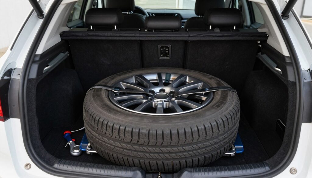 A well-organized car trunk showcasing a spare wheel properly secured to prevent noise during travel. In the foreground, the spare wheel is mounted on a sturdy bracket, clearly demonstrating how it is fastened with straps. The middle ground features a spacious trunk with tools and accessories neatly arranged around the wheel, providing a sense of order and functionality. The background displays the interior of a clean, modern car trunk with soft, diffused lighting that enhances the quality of the materials and textures. The camera angle is slightly above eye level, capturing the details of the spare wheel's attachment while maintaining an overall inviting and informative atmosphere suitable for a practical guide.