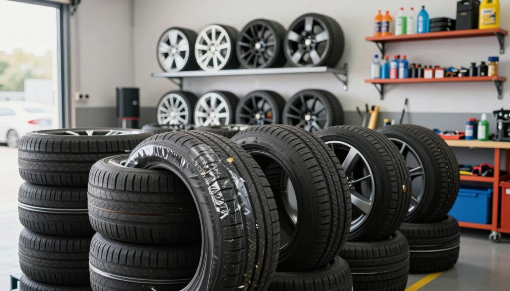 A well-organized garage featuring a neat storage system for car wheels. In the foreground, several stacked tires with protective covers, showcasing different tread patterns. In the middle ground, a wall-mounted rack with additional wheels, arranged in an orderly fashion. The background displays shelves with maintenance tools and cleaning supplies, emphasizing an organized environment. Soft, natural lighting illuminates the scene, highlighting the textures of the tires and the cleanliness of the space. The perspective is slightly angled, providing depth to the composition. The overall mood is professional and tidy, reflecting optimal storage conditions for car wheels, ensuring they are protected from damage. A well-organized garage featuring a neat storage system for car wheels. In the foreground, several stacked tires with protective covers, showcasing different tread patterns. In the middle ground, a wall-mounted rack with additional wheels, arranged in an orderly fashion. The background displays shelves with maintenance tools and cleaning supplies, emphasizing an organized environment. Soft, natural lighting illuminates the scene, highlighting the textures of the tires and the cleanliness of the space. The perspective is slightly angled, providing depth to the composition. The overall mood is professional and tidy, reflecting optimal storage conditions for car wheels, ensuring they are protected from damage.
