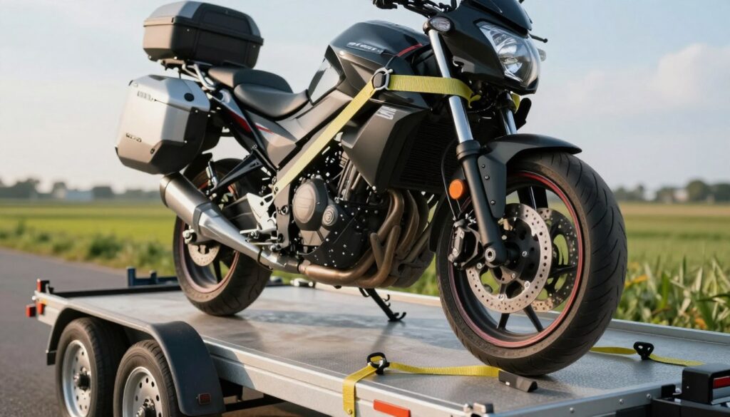 A well-secured motorcycle on a trailer, showcasing various techniques for safely strapping it down. In the foreground, focus on sturdy ratchet straps cinched tightly around the bike's midsection and handlebars, demonstrating stability. In the middle ground, a well-designed trailer with a smooth surface, featuring wheel chocks to secure the tires. The background shows a calm outdoor scene with a soft blue sky and green grass, suggesting a peaceful transportation scenario. The lighting is bright and natural, casting soft shadows that highlight the motorcycle's sleek design. The angle is slightly tilted to provide depth, emphasizing safety measures in a professional and informative manner. The overall atmosphere is one of careful planning and execution for safe travel. A well-secured motorcycle on a trailer, showcasing various techniques for safely strapping it down. In the foreground, focus on sturdy ratchet straps cinched tightly around the bike's midsection and handlebars, demonstrating stability. In the middle ground, a well-designed trailer with a smooth surface, featuring wheel chocks to secure the tires. The background shows a calm outdoor scene with a soft blue sky and green grass, suggesting a peaceful transportation scenario. The lighting is bright and natural, casting soft shadows that highlight the motorcycle's sleek design. The angle is slightly tilted to provide depth, emphasizing safety measures in a professional and informative manner. The overall atmosphere is one of careful planning and execution for safe travel.