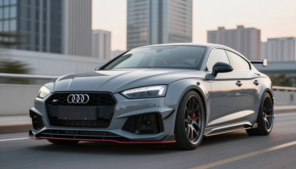 An Audi A5 with an aggressive body kit prominently displayed in the foreground. The car features a wide-body stance, sleek aerodynamic lines, and a striking front splitter. The paint is a glossy metallic grey, reflecting sunlight, enhancing the car's sharp edges. The wheels are larger, with a sporty design, complementing the overall aesthetic. The background includes a modern urban setting with blurred skyscrapers, hinting at a dynamic, fast-paced environment. Soft afternoon lighting creates a vivid contrast, accentuating the contours of the vehicle. A slight low-angle perspective, focusing on the front of the car, enhances its imposing presence. The atmosphere conveys a sense of performance and sophistication, perfect for illustrating tuning kits for enhanced style.