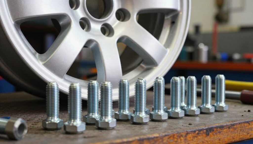 An array of aluminum wheel bolts displayed prominently in the foreground, showcasing their sturdy construction and various lengths, with a shiny metallic finish highlighting their surfaces. In the middle ground, a close-up view of an aluminum wheel, featuring intricate designs and a focus on the bolt holes, emphasizes the interplay between the wheel and the bolts. The background is softly blurred, depicting a workshop setting with tools and equipment subtly illuminated by warm, natural light that creates a professional atmosphere. The mood is serious and informative, conveying the importance of proper wheel bolt selection for vehicle safety. The camera angle is slightly tilted for a dynamic perspective, ensuring a clear view of the subject matter without any distractions.