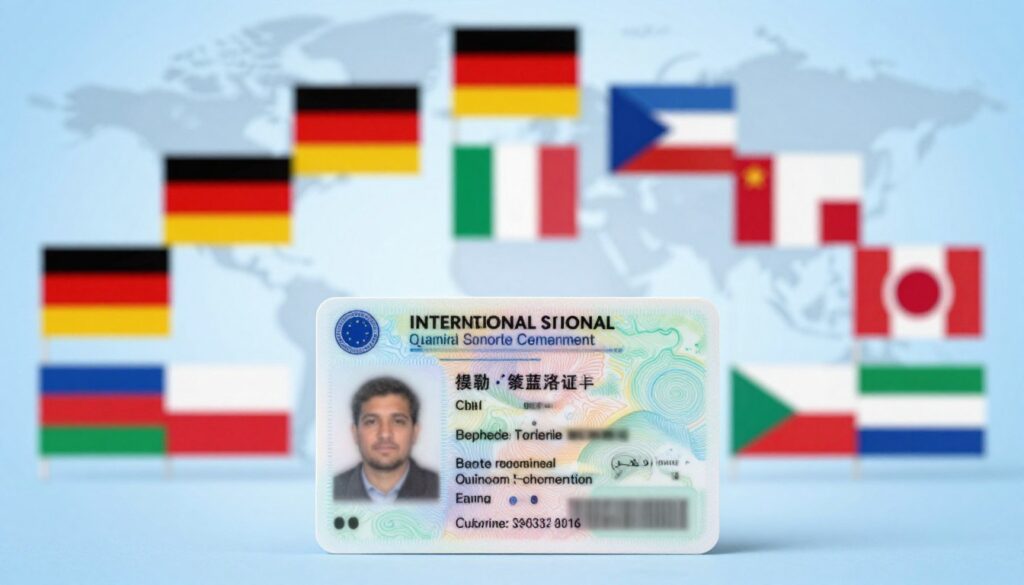 An artistic representation of an international driving permit surrounded by a collage of flags from various countries that require it, illustrated in a professional and informative manner. In the foreground, the international driving license is displayed clearly, with intricate details showcasing its design. In the middle ground, several small country flags, such as those of Germany, Italy, and Japan, are arranged symmetrically to symbolize their specific requirements for this document. The background features a subtle world map, softly lit with a blue hue to evoke a sense of global travel and adventure. The overall mood is professional and educational, aimed at informing viewers about international driving regulations. The lighting is bright and even, creating an inviting and clear visual. An artistic representation of an international driving permit surrounded by a collage of flags from various countries that require it, illustrated in a professional and informative manner. In the foreground, the international driving license is displayed clearly, with intricate details showcasing its design. In the middle ground, several small country flags, such as those of Germany, Italy, and Japan, are arranged symmetrically to symbolize their specific requirements for this document. The background features a subtle world map, softly lit with a blue hue to evoke a sense of global travel and adventure. The overall mood is professional and educational, aimed at informing viewers about international driving regulations. The lighting is bright and even, creating an inviting and clear visual.