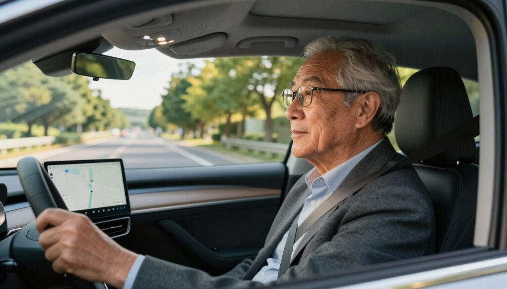 An elderly man confidently drives a modern sedan along a scenic, tree-lined road during daylight. In the foreground, focus on the man's attentive expression, showcasing a sense of concentration and mindfulness about safe driving. He is wearing glasses and dressed in professional attire, with a seatbelt fastened. In the middle ground, include the dashboard of the car visible, featuring safety features like a rearview camera and navigation display. The background should portray a sunny day with clear skies, emphasizing a serene environment. Soft, natural light filters through the car windows, creating a warm atmosphere that conveys security and competence behind the wheel. The overall mood should be inspiring, urging the importance of safety and awareness while driving. An elderly man confidently drives a modern sedan along a scenic, tree-lined road during daylight. In the foreground, focus on the man's attentive expression, showcasing a sense of concentration and mindfulness about safe driving. He is wearing glasses and dressed in professional attire, with a seatbelt fastened. In the middle ground, include the dashboard of the car visible, featuring safety features like a rearview camera and navigation display. The background should portray a sunny day with clear skies, emphasizing a serene environment. Soft, natural light filters through the car windows, creating a warm atmosphere that conveys security and competence behind the wheel. The overall mood should be inspiring, urging the importance of safety and awareness while driving.