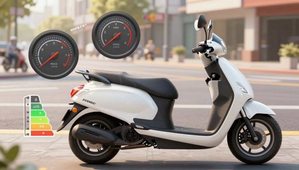 An informative illustration featuring key technical parameters of a 125cc scooter. In the foreground, showcase a sleek, modern scooter, highlighting its engine specifications, power output, and compact design. In the middle ground, include graphical elements like gauges and icons representing horsepower, torque, and fuel efficiency, artistically integrated around the scooter. The background should depict a blurred urban street scene, suggesting a dynamic environment where scooters are commonly used. Use a warm, bright lighting to convey an energetic and inviting atmosphere. The angle should provide a slightly elevated view, emphasizing the scooter's design and technical aspects without any text or distractions. An informative illustration featuring key technical parameters of a 125cc scooter. In the foreground, showcase a sleek, modern scooter, highlighting its engine specifications, power output, and compact design. In the middle ground, include graphical elements like gauges and icons representing horsepower, torque, and fuel efficiency, artistically integrated around the scooter. The background should depict a blurred urban street scene, suggesting a dynamic environment where scooters are commonly used. Use a warm, bright lighting to convey an energetic and inviting atmosphere. The angle should provide a slightly elevated view, emphasizing the scooter's design and technical aspects without any text or distractions.