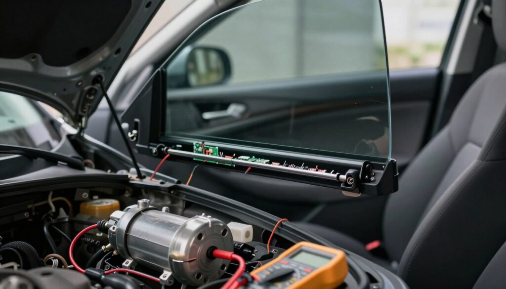 An interior view of a car with a focus on the electric window mechanism, showcasing a partially open window with visible components such as wiring, circuit board, and the motor. In the foreground, prominently display the motor with diagnostic tools like a multimeter and screwdrivers beside it, suggesting a troubleshooting process. In the middle ground, highlight the window regulator and the path of the window during operation. The background may include blurred car interior elements like the door panel and seat to create depth. Use soft, diffused lighting to illuminate the intricate details, emphasizing the technical atmosphere. The overall mood should convey a sense of investigation and problem-solving within a mechanical context. An interior view of a car with a focus on the electric window mechanism, showcasing a partially open window with visible components such as wiring, circuit board, and the motor. In the foreground, prominently display the motor with diagnostic tools like a multimeter and screwdrivers beside it, suggesting a troubleshooting process. In the middle ground, highlight the window regulator and the path of the window during operation. The background may include blurred car interior elements like the door panel and seat to create depth. Use soft, diffused lighting to illuminate the intricate details, emphasizing the technical atmosphere. The overall mood should convey a sense of investigation and problem-solving within a mechanical context.