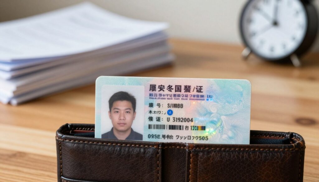 An open wallet on a wooden desk, showcasing a foreign driver's license prominently displayed. The license features vibrant colors and intricate holographic elements typical of international identification cards. In the background, blurred stacks of paperwork, neatly arranged, hint at the process of exchanging the license. A small clock on the wall indicates the ticking time, symbolizing waiting periods. Soft, warm lighting creates a cozy atmosphere, while a shallow depth of field emphasizes the driver's license as the focal point. No people are present, reinforcing the theme of documentation and administrative processes related to changing driver's licenses. An open wallet on a wooden desk, showcasing a foreign driver's license prominently displayed. The license features vibrant colors and intricate holographic elements typical of international identification cards. In the background, blurred stacks of paperwork, neatly arranged, hint at the process of exchanging the license. A small clock on the wall indicates the ticking time, symbolizing waiting periods. Soft, warm lighting creates a cozy atmosphere, while a shallow depth of field emphasizes the driver's license as the focal point. No people are present, reinforcing the theme of documentation and administrative processes related to changing driver's licenses.