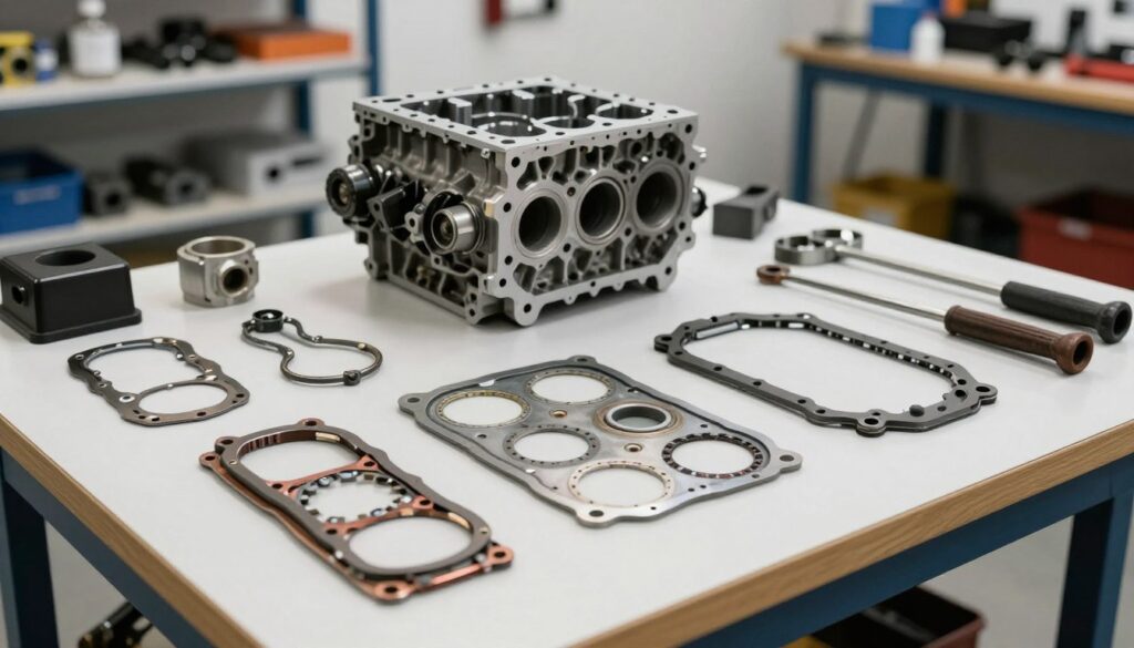 An overhead view of a mechanic's workspace, featuring a clean, well-organized workbench with various tools and automotive equipment. In the foreground, a selection of automotive head gaskets is displayed prominently, highlighting their textures and intricate designs. The middle ground includes a partially disassembled engine block, showcasing the area where the gaskets would be installed. In the background, a bright, well-lit garage setting with shelves filled with automotive parts, enhancing the atmosphere of a professional workshop. Utilize natural lighting to create soft shadows, and a shallow depth of field to focus on the gaskets, ensuring they are the main subject of the image. The mood is focused and technical, inviting viewers to explore the details. An overhead view of a mechanic's workspace, featuring a clean, well-organized workbench with various tools and automotive equipment. In the foreground, a selection of automotive head gaskets is displayed prominently, highlighting their textures and intricate designs. The middle ground includes a partially disassembled engine block, showcasing the area where the gaskets would be installed. In the background, a bright, well-lit garage setting with shelves filled with automotive parts, enhancing the atmosphere of a professional workshop. Utilize natural lighting to create soft shadows, and a shallow depth of field to focus on the gaskets, ensuring they are the main subject of the image. The mood is focused and technical, inviting viewers to explore the details.