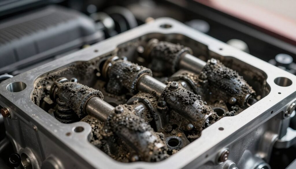 Close-up view of intake valves in an automobile engine, showcasing carbon buildup and deposits that represent the problem of valve fouling. The foreground features detailed textures of the valves covered in dark, sooty residue, emphasizing the contrast between the shiny metal and the rough carbon layer. The middle layer includes visible engine components, like valve springs and camshaft, slightly blurred to focus attention on the valves. The background subtly hints at an engine bay with a gradient of soft lighting to highlight the subject. The atmosphere is technical and informative, ideal for an educational article, with a slightly dramatic, moody lighting to accentuate the carbon deposits. Use a macro lens effect to capture intricate details, creating a realistic and immersive image. Close-up view of intake valves in an automobile engine, showcasing carbon buildup and deposits that represent the problem of valve fouling. The foreground features detailed textures of the valves covered in dark, sooty residue, emphasizing the contrast between the shiny metal and the rough carbon layer. The middle layer includes visible engine components, like valve springs and camshaft, slightly blurred to focus attention on the valves. The background subtly hints at an engine bay with a gradient of soft lighting to highlight the subject. The atmosphere is technical and informative, ideal for an educational article, with a slightly dramatic, moody lighting to accentuate the carbon deposits. Use a macro lens effect to capture intricate details, creating a realistic and immersive image.