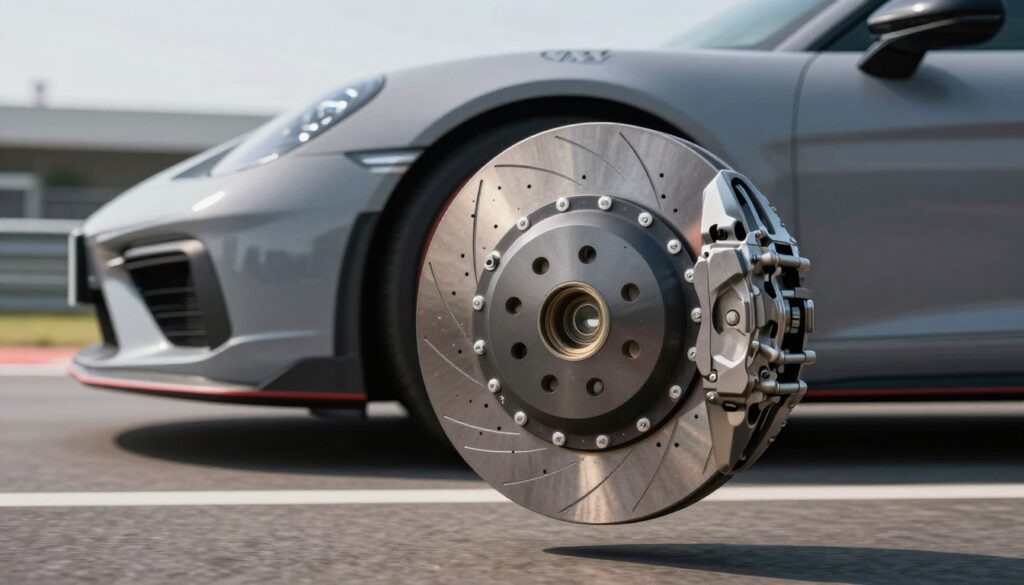 Floating brake discs showcased in a dynamic automotive setting, highlighting their engineering and design. In the foreground, a close-up view of a high-performance floating brake disc featuring intricate venting and cooling fins, glistening under bright, studio lighting. The middle ground includes a sleek sports car, emphasizing its powerful stance, with the brake system partially visible. In the background, a blurred racetrack environment creates a sense of motion and speed, suggesting high-performance driving. The atmosphere feels focused and intense, conveying the precision and innovation of floating brake technology. The image composition should use a shallow depth of field for dramatic effect, with natural light enhancing the metallic textures and details of the brake components. Floating brake discs showcased in a dynamic automotive setting, highlighting their engineering and design. In the foreground, a close-up view of a high-performance floating brake disc featuring intricate venting and cooling fins, glistening under bright, studio lighting. The middle ground includes a sleek sports car, emphasizing its powerful stance, with the brake system partially visible. In the background, a blurred racetrack environment creates a sense of motion and speed, suggesting high-performance driving. The atmosphere feels focused and intense, conveying the precision and innovation of floating brake technology. The image composition should use a shallow depth of field for dramatic effect, with natural light enhancing the metallic textures and details of the brake components.